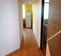 3 izbový byt na sidlisku Stráňany - Chodba v 3-izbovom byte s podlahou s dreveným dekorom, vedúca k chladničke.