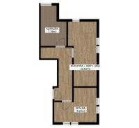 PODKROVNÝ 2 IZB. BYT (56m2), REZIDENCIA SADOVÁ, SENICA - Pôdorys 2-izbového bytu so spálňou, kuchyňou a obývacou izbou, podlaha s dreveným dekorom.