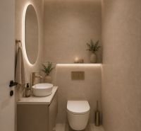 : Rodinný dom, Vyšná Kamenica, novostavba, pozemok 770 m² - Minimalistická kúpeľňa s okrúhlym zrkadlom a skrytým osvetlením, Rodinný dom.