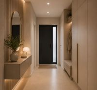 : Rodinný dom, Vyšná Kamenica, novostavba, pozemok 770 m² - Vstupná hala rodinného domu s minimalistickým nábytkom a vstavaným zrkadlom.