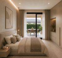 : Rodinný dom, Vyšná Kamenica, novostavba, pozemok 770 m² - Spálňa v rodinnom dome s posteľou, koberec a výhľadom na terasu.