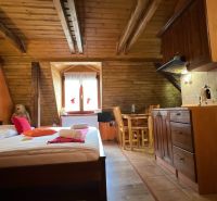 Na predaj penzion  – Štôla, Vysoké Tatry O560ZL - Drevené trámy, posteľ, kuchynský kút a stôl v podkroví vo Vile.