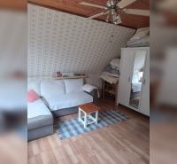 Exkluzívne na predaj, čarovný rodinný dom / chalupa v lone prírody - Podkrovná izba v rodinnom dome s pohovkou, kobercom a podlahou s dreveným dekorom.