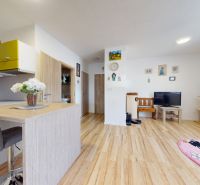 Moderný 3-izbový byt s balkónom a 2 parkovacími miestami - Ludanice - Kuchyňa a obývačka s podlahou s dreveným dekorom v 3-izbovom byte.