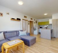 Moderný 3-izbový byt s balkónom a 2 parkovacími miestami - Ludanice - Obývacia izba s rohovou sedačkou a kuchyňou, podlaha s dreveným dekorom.
