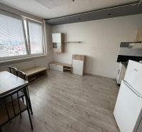 1 izbovy byt Topoľčany  - Obývacia časť 1-izbového bytu s kuchynským kútom a podlahou s dreveným dekorom.