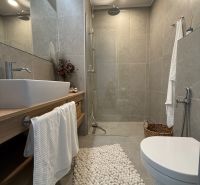 Na predaj: Nadštandardný 3-izbový rod. dom v Piešťanoch- Orviský kút - Kúpeľňa v rodinnom dome s otvoreným sprchovacím kútom, umývadlom a dekoratívnou podložkou.