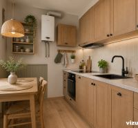 TOP LOKALITA - 3i 67m2 + loggia - Švermova Trenčín - Kuchyňa v 3-izbovom byte s dreveným dekorom, minimalistický interiér, zelené rastliny.