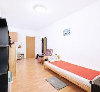TOP - REZERVOVANÝ -  Investičný byt :  1. izbový byt na Žatevnej ulici - Izba s podlahou s dreveným dekorom, jednoduchým nábytkom a minimalistickou dekoráciou.