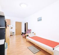 TOP - REZERVOVANÝ -  Investičný byt :  1. izbový byt na Žatevnej ulici - Jednoduchá obývacia izba s posteľou a podlahou s dreveným dekorom v 1-izbovom byte.