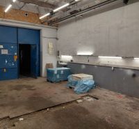 Prenájom skladu 55 m2 na Tomášikovej ul. v Ružinove - Sklady a haly s modrými dverami, osvetlením a materiálmi na podlahe s dreveným dekorom.
