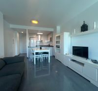 Exkluzívna ponuka – apartmán-byt v „Malom Miami Španielska  - Rekreačný apartmán s pohovkou, jedálenským stolom a TV, podlaha s dreveným dekorom.