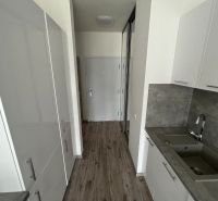 Prenájom Novostavba 1 izb. byt Hany Ponickej, Bratislava - Lamač. - Kuchynská linka v 1-izbovom byte so sivým drezom a podlahou s dreveným dekorom.