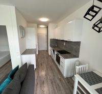 Prenájom Novostavba 1 izb. byt Hany Ponickej, Bratislava - Lamač. - 1-izbový byt s kuchynskou linkou, jedálenským stolom a podlahou s dreveným dekorom.