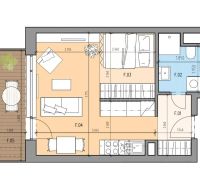 Prenájom Novostavba 1 izb. byt Hany Ponickej, Bratislava - Lamač. - Pôdorys 1-izbového bytu s terasou a základným nábytkom.