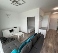 Prenájom Novostavba 1 izb. byt Hany Ponickej, Bratislava - Lamač. - Obývacia izba s pohovkou, podlaha s dreveným dekorom a bielym nábytkom v 1-izbovom byte.