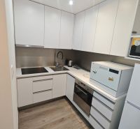 Na prenájom 1 izbový byt, 34 m2, Bratislava, Petržalka, Lachova ulica - Kuchynská linka v 1-izbovom byte so spotrebičmi a podlahou s dreveným dekorom.