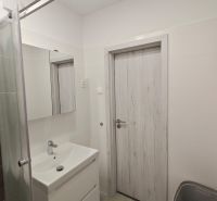 Na prenájom 1 izbový byt, 34 m2, Bratislava, Petržalka, Lachova ulica - Kúpeľňa v 1-izbovom byte s bielym umývadlom a sprchou, podlaha s dreveným dekorom.