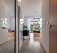 I Slnečnice – Zóna mesto moderný 1-izb byt s loggiou - Interiér 1-izbového bytu s podlahou s dreveným dekorom a veľkým oknom.