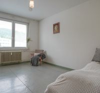 NOVINKA - 2 izbový + loggia + výťah v meste NOVÁ DUBNICA - Spálňa v 2-izbovom byte s veľkým oknom, kreslom a jednoduchým zariadením.
