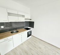 PRENÁJOM 1 IZBOVÝ BYT /34 M2/ SEVER / BALKÓN/ PIVNICA - Biela kuchynská linka s čiernym obkladom v 1-izbovom byte s podlahou s dreveným dekorom.