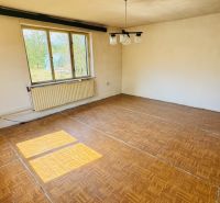 Na predaj 6-izbový rodinný dom (dvojdom) v Pažiti, pozemok 1445 m² - Izba s podlahou s dreveným dekorom, veľkým oknom a radiátorom v rodinnom dome.