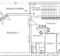 Prenájom Kancelárie 110 m² v centre Ružomberka - Pôdorys kancelárie s recepciou, čakárňou, kuchyňou a skladom.