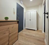 : 1,5-izbový byt, Košice – Juh, loggia, 43 m² - Chodba v 2-izbovom byte s podlahou s dreveným dekorom, skrinkou a skriňou.