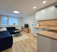 : 1,5-izbový byt, Košice – Juh, loggia, 43 m² - Obývacia izba v 2-izbovom byte s podlahou s dreveným dekorom a kuchyňou.