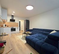 : 1,5-izbový byt, Košice – Juh, loggia, 43 m² - Obývačka s modrou sedačkou a kuchyňou v 2-izbovom byte, podlaha s dreveným dekorom.