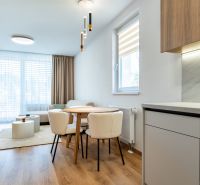 3-izb.byt | Novostavba | Popradská, Košice | 72,75 m² + loggia - Interiér 3-izbového bytu so svetlou kuchyňou, jedálenským stolom a podlahou s dreveným dekorom.