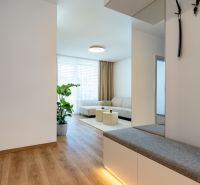 3-izb.byt | Novostavba | Popradská, Košice | 72,75 m² + loggia - Interiér 3-izbového bytu s podlahou s dreveným dekorom, pohodlnou sedačkou a rastlinou.