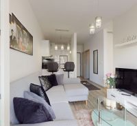 | Zariadený 1,5 izbový byt | 35m² | SLNEČNICE - Obývačka v 2-izbovom byte s pohovkou, televíziou a otvorenou kuchyňou.