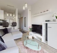 | Zariadený 1,5 izbový byt | 35m² | SLNEČNICE - Obývacia izba v 2-izbovom byte s pohovkou, televízorom a kuchyňou v pozadí.
