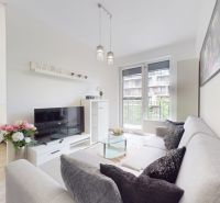 | Zariadený 1,5 izbový byt | 35m² | SLNEČNICE - Obývačka v 2-izbovom byte s pohovkou, televízorom a balkónovými dverami.