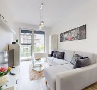 | Zariadený 1,5 izbový byt | 35m² | SLNEČNICE - Obývacia miestnosť s pohovkou a televízorom v 2-izbovom byte. Na stene visí dekorácia.