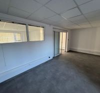 Prenájom kanc./obchodné priestory, nová kompl. rekonšt., centrum PB - Obchodné priestory s presklenými dverami, šedou podlahou a podhľadovým stropom.