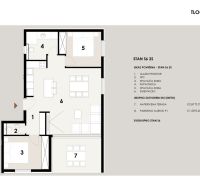 CHORVÁTSKO - Apartmány 60 m od mora - PRIVLAKA - Pôdorys 3-izbového bytu s terasou, kúpeľňou a parkovacím miestom.