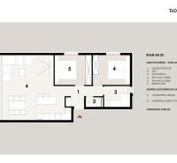 CHORVÁTSKO - Apartmány 60 m od mora - PRIVLAKA - Pôdorys 3-izbového bytu s dvoma spálňami, kúpeľňou a terasou.