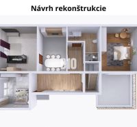 Útulný rodinný dom v príjemnej lokalite - Návrh rekonštrukcie rodinného domu so spálňou, kuchyňou a kúpeľňou s podlahou s dreveným dekorom.