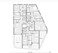 CHORVÁTSKO - Apartmány 140 m od pláže (3i) - VODICE - Pôdorys 3-izbových bytov s terasami a miestnosťami v modernom apartmánovom komplexe.