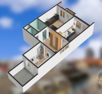 2 izb.byt, TEHLA, PARKING, BA I. St. Mesto, Grösslingova - 3D pôdorys 2-izbového bytu s balkónom a podlahou s dreveným dekorom.