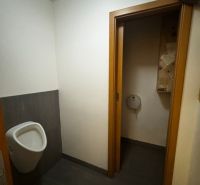 Podnikateľské priestory v  širšom centra mesta Nové Zámky, prízemie - Interiér obchodných priestorov s toaletou a tmavou podlahou s dreveným dekorom.