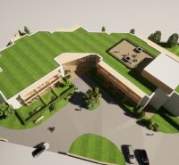 NA PREDAJ: Zabehnutý hotel Amália s wellnesom v srdci Vysokých Tatier - Letecký pohľad na budovu Hotely a penzióny v Novej Lesnej so zelenou strechou.