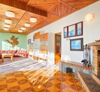 PREDAJ - Rodinný dom - Pavlice, Celková rozloha 1469m² - Rodinný dom s krbom, podlahou s dreveným dekorom a pohodlnou sedacou súpravou.