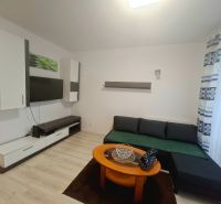 Priestranná garzónka s balkónom v novostavbe. - Garsónka so sedačkou, konferenčným stolíkom a podlahou s dreveným dekorom.