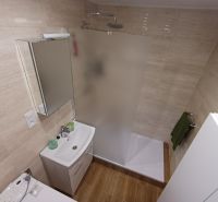 Krásny 3 izbový byt na prenájom. - Kúpeľňa v 3-izbovom byte s toaletou, sprchovým kútom a podlahou s dreveným dekorom.