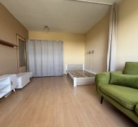 Predaj pekný 1 izbový byt, 35 m2, Dudvážska ulica, BA II. - Izba v 1-izbovom byte s podlahou s dreveným dekorom, posteľou a zelenou pohovkou.