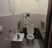 Pekný 2 izbový byt s balkónom na prenájom. - Kúpeľňa v 2-izbovom byte s toaletou, umývadlom a svetlými dlaždicami.