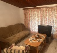 PREDAJ/ Krásna chalupa s vinicou/Jablonov nad Turňou - Obývacia miestnosť v chate s pohovkou, kreslom, televízorom a kvetinovým závesom.